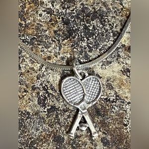🎾SOLID 14K White Gold Double Crossed Tennis Rackets With Ball Pendant🎾